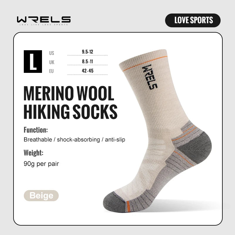 WRELS Mens Merino Hiking Running Soft Lightweight Shock Absorption Damping Mid-Calf Breathable Wool Socks