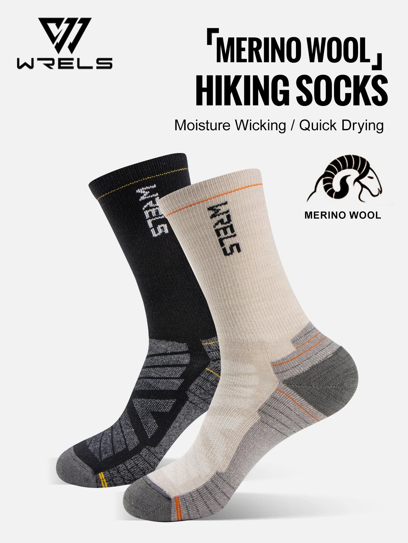 WRELS Mens Merino Hiking Running Soft Lightweight Shock Absorption Damping Mid-Calf Breathable Wool Socks