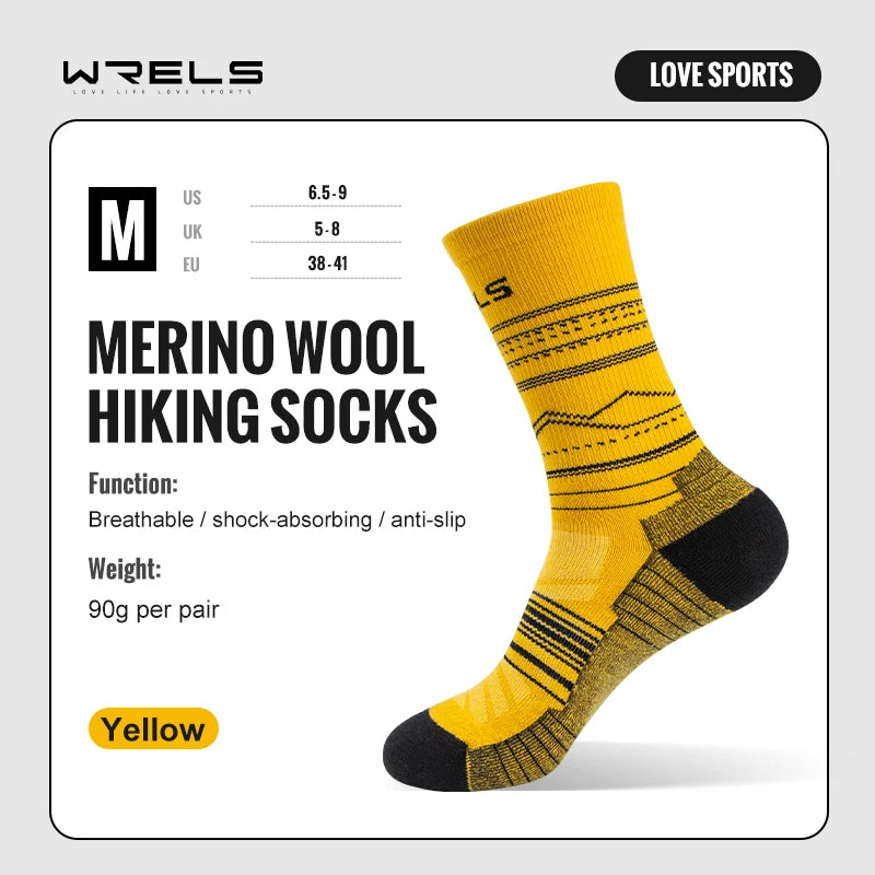 WRELS Mens Merino Hiking Running Soft Lightweight Shock Absorption Damping Mid-Calf Breathable Wool Socks