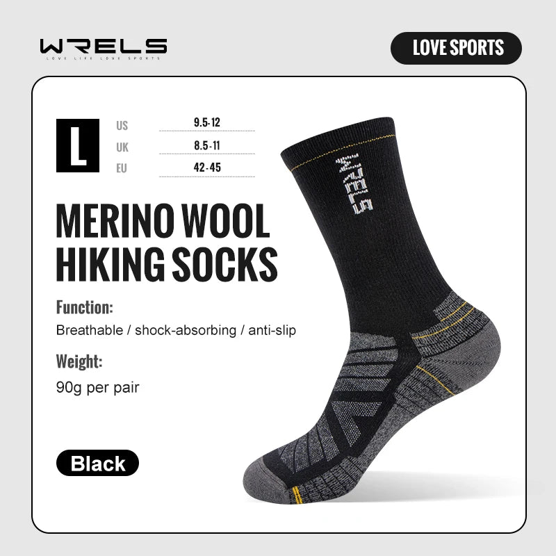 WRELS Mens Merino Hiking Running Soft Lightweight Shock Absorption Damping Mid-Calf Breathable Wool Socks