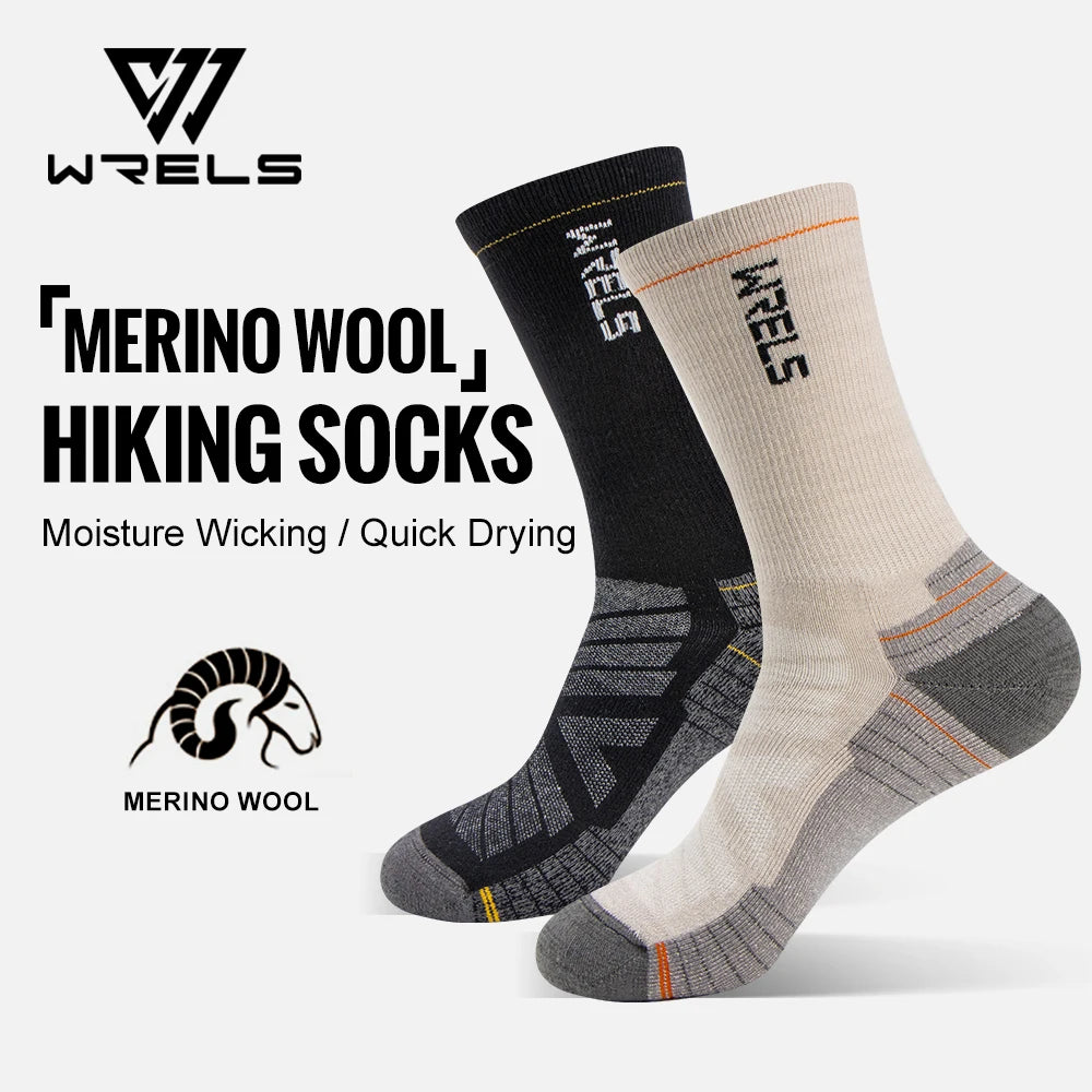 WRELS Mens Merino Hiking Running Soft Lightweight Shock Absorption Damping Mid-Calf Breathable Wool Socks