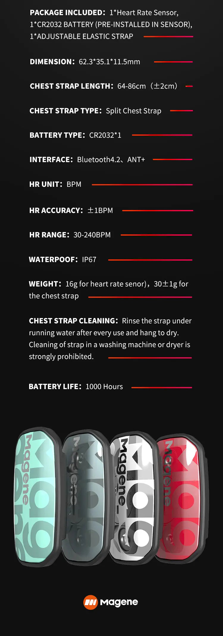 Running Heart Rate Accessories: Magene Split Chest Strap, Heart Rate Monitor, HRM Fitness Tracker, Bluetooth ANT Sensor, Compatible Zwift / Rungear