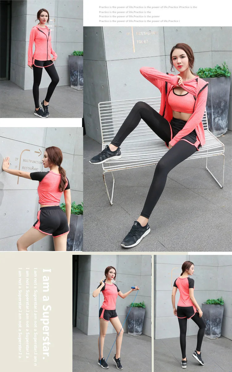 Women's Quick Dry Apparel: Hooded Jacket, T-Shirt, Sports Bra, Shorts and Pant Sportswear Set / Rungear