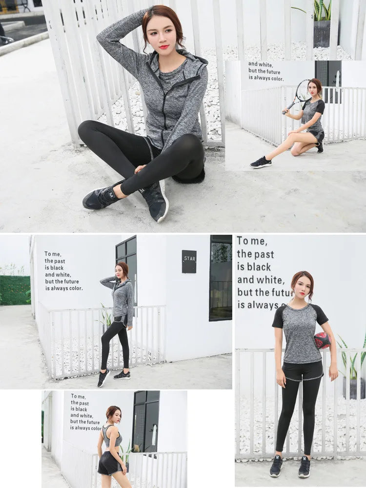 Women's Quick Dry Apparel: Hooded Jacket, T-Shirt, Sports Bra, Shorts and Pant Sportswear Set / Rungear