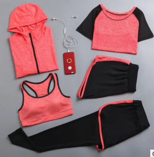 Women's Quick Dry Apparel: Hooded Jacket, T-Shirt, Sports Bra, Shorts and Pant Sportswear Set / Rungear