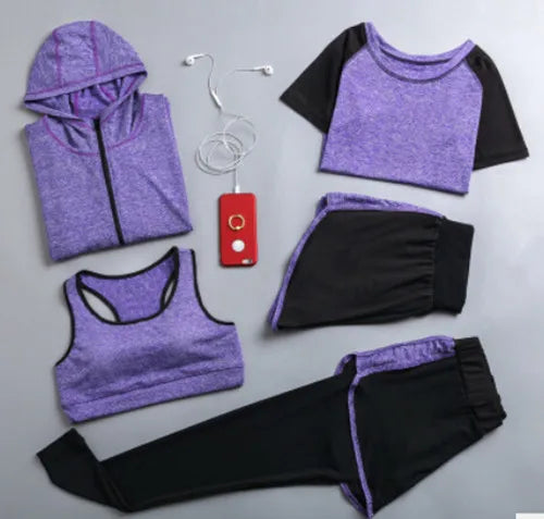 Women's Quick Dry Apparel: Hooded Jacket, T-Shirt, Sports Bra, Shorts and Pant Sportswear Set / Rungear