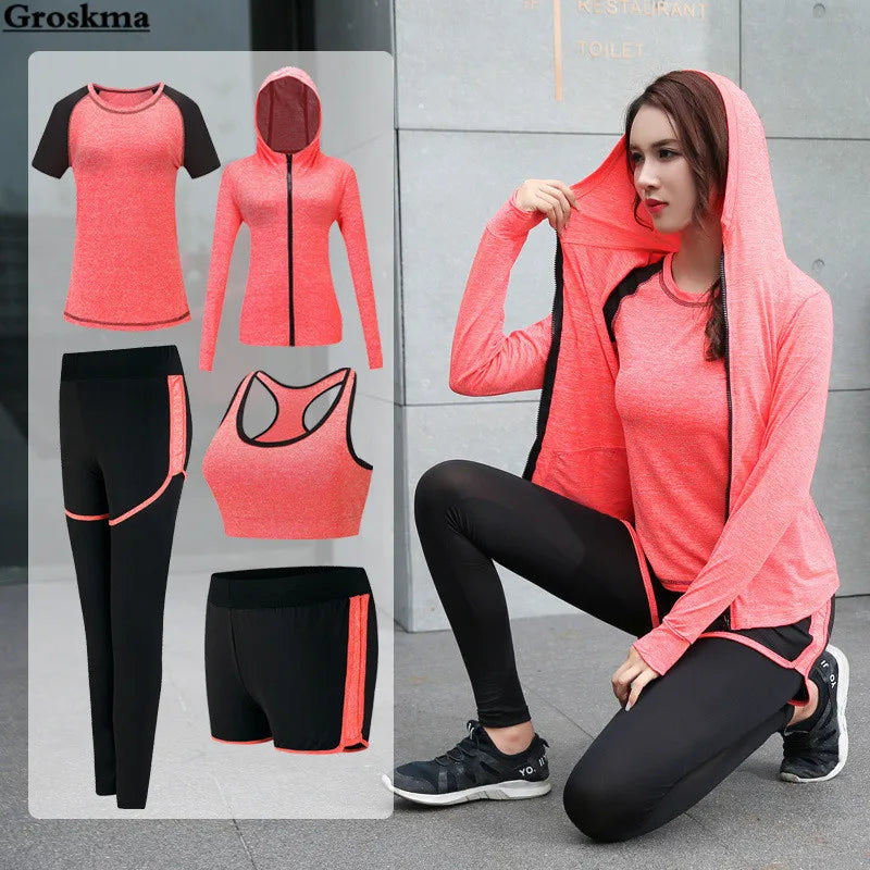 Women's Quick Dry Apparel: Hooded Jacket, T-Shirt, Sports Bra, Shorts and Pant Sportswear Set / Rungear