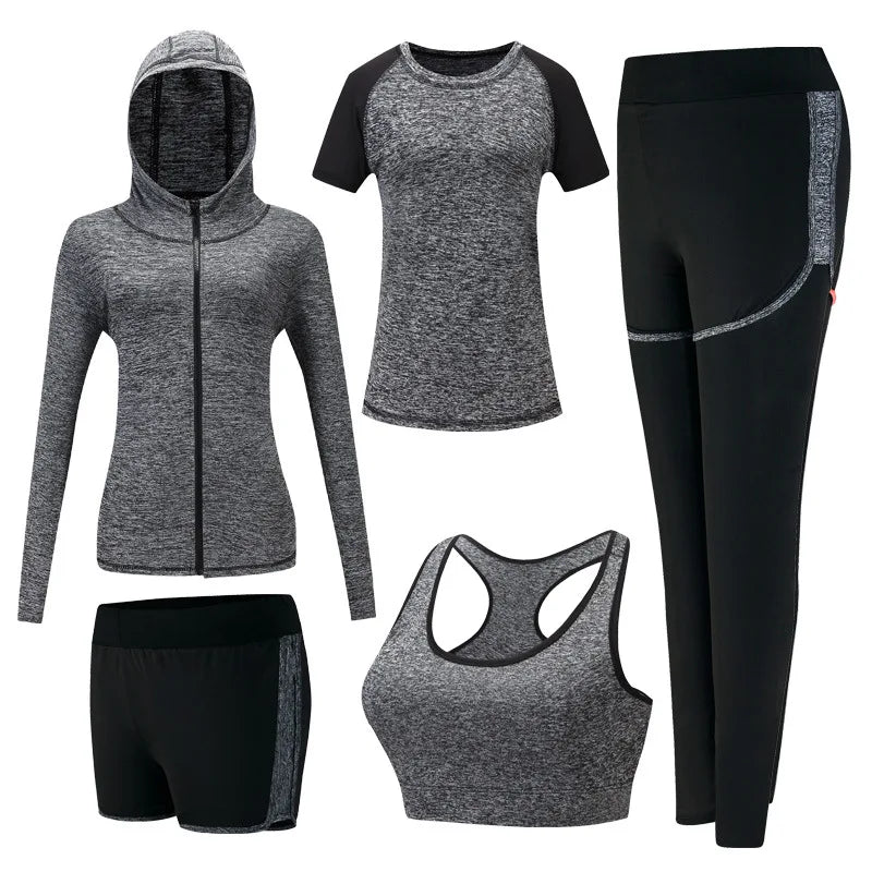 Women's Quick Dry Apparel: Hooded Jacket, T-Shirt, Sports Bra, Shorts and Pant Sportswear Set / Rungear