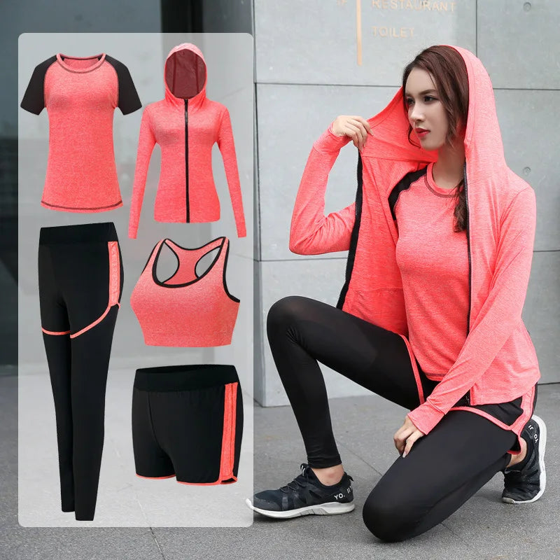 Women's Quick Dry Apparel: Hooded Jacket, T-Shirt, Sports Bra, Shorts and Pant Sportswear Set / Rungear
