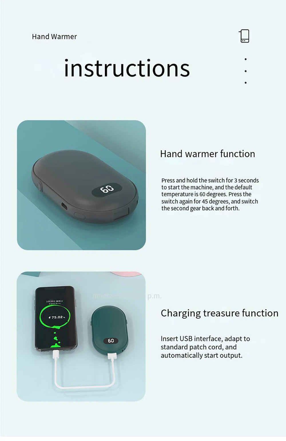 Double-Sided Rechargeable Hand Warmer — 2 Heat Settings | Portable Pocket Warmer
