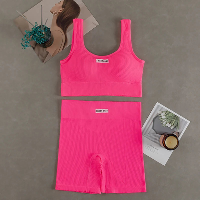 Women's Seamless Ribbed Sports Bra & Bike Shorts Set | Gym Yoga Activewear | RUNGEAR