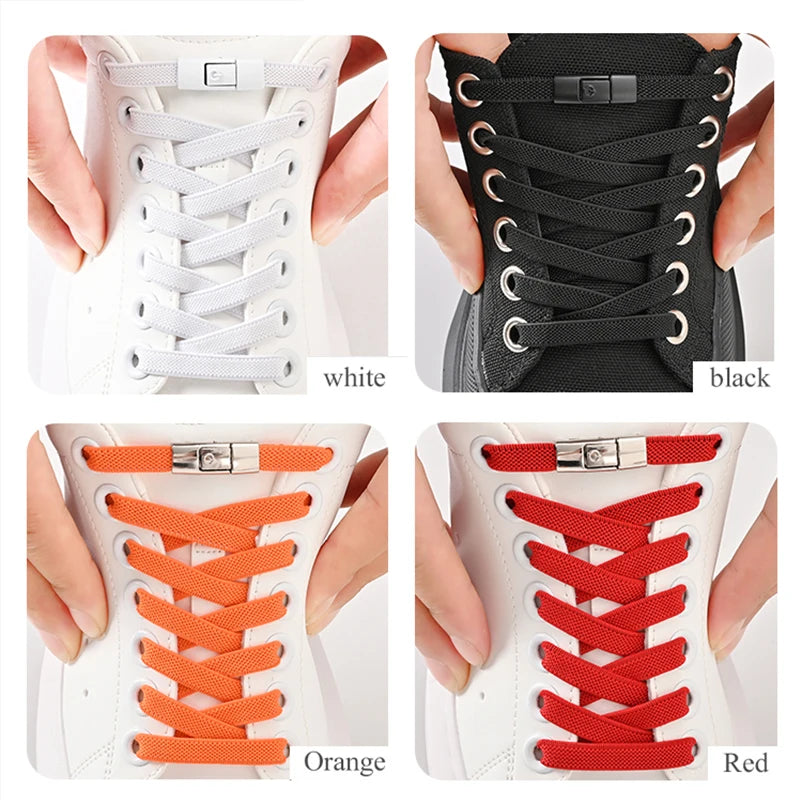 8mm Wide No-Tie Elastic Shoelaces with Press-Lock Buckle | Flat Laces for Sneakers