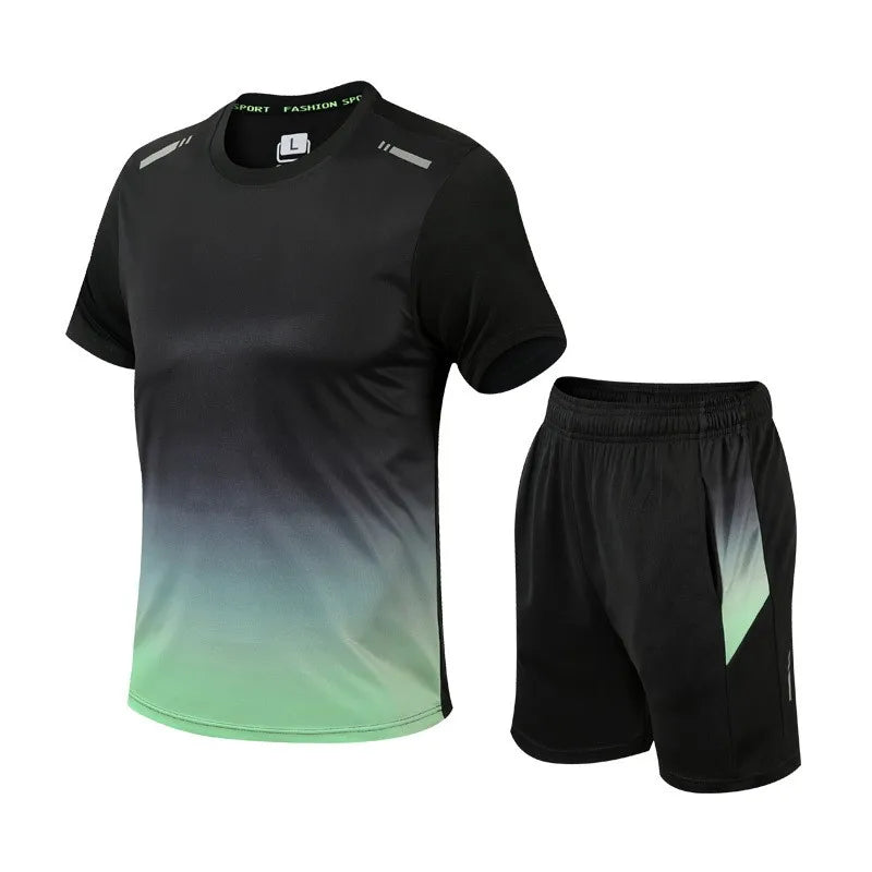 Men Active Quick Dry Crew Neck T Shirts and Shorts Set Athletic Workout Short Sleeve Clothes Basketball Running Gym Sports Suit