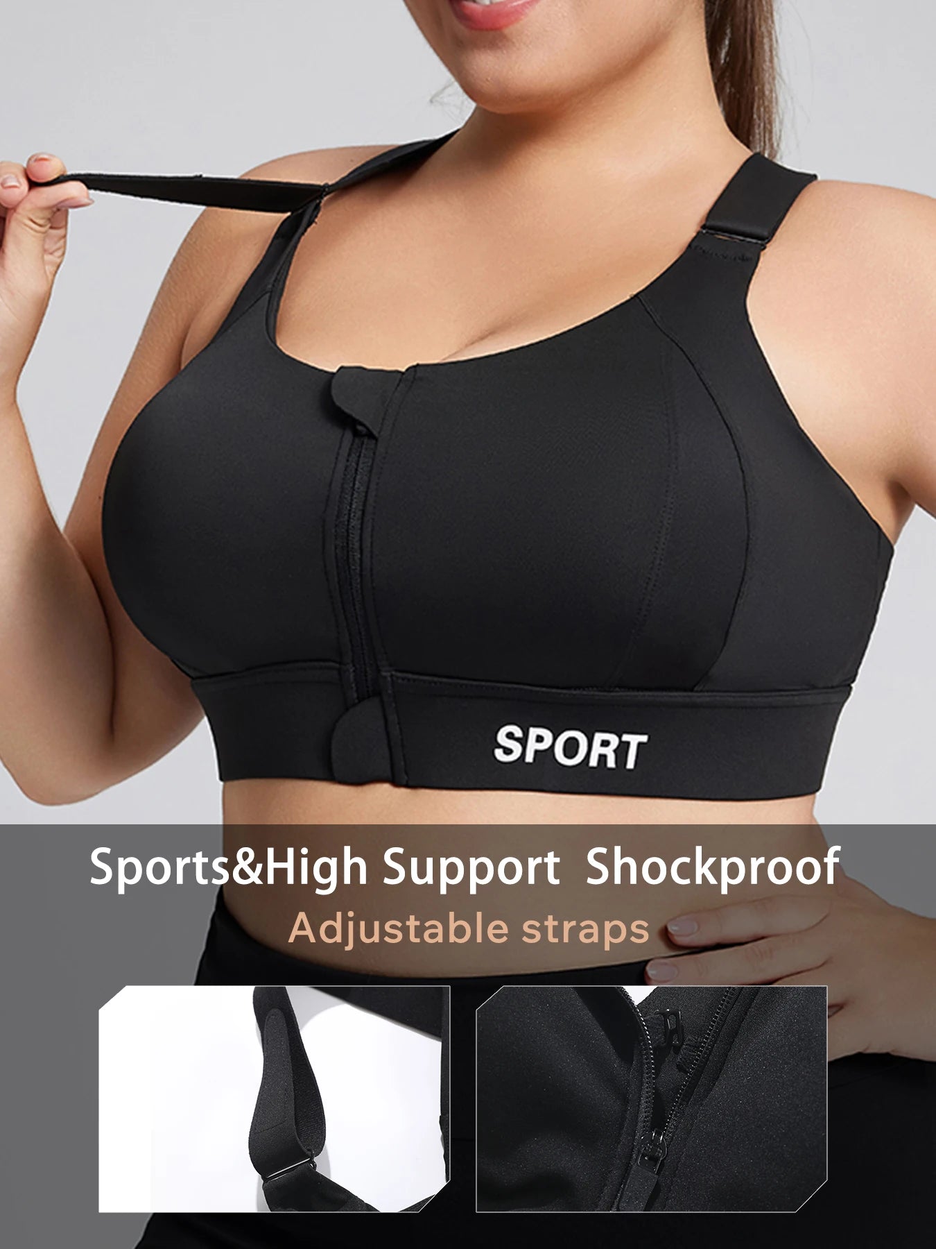Women's Plus-Size High Support Sports Bra | Front Zip, Adjustable Cross Straps