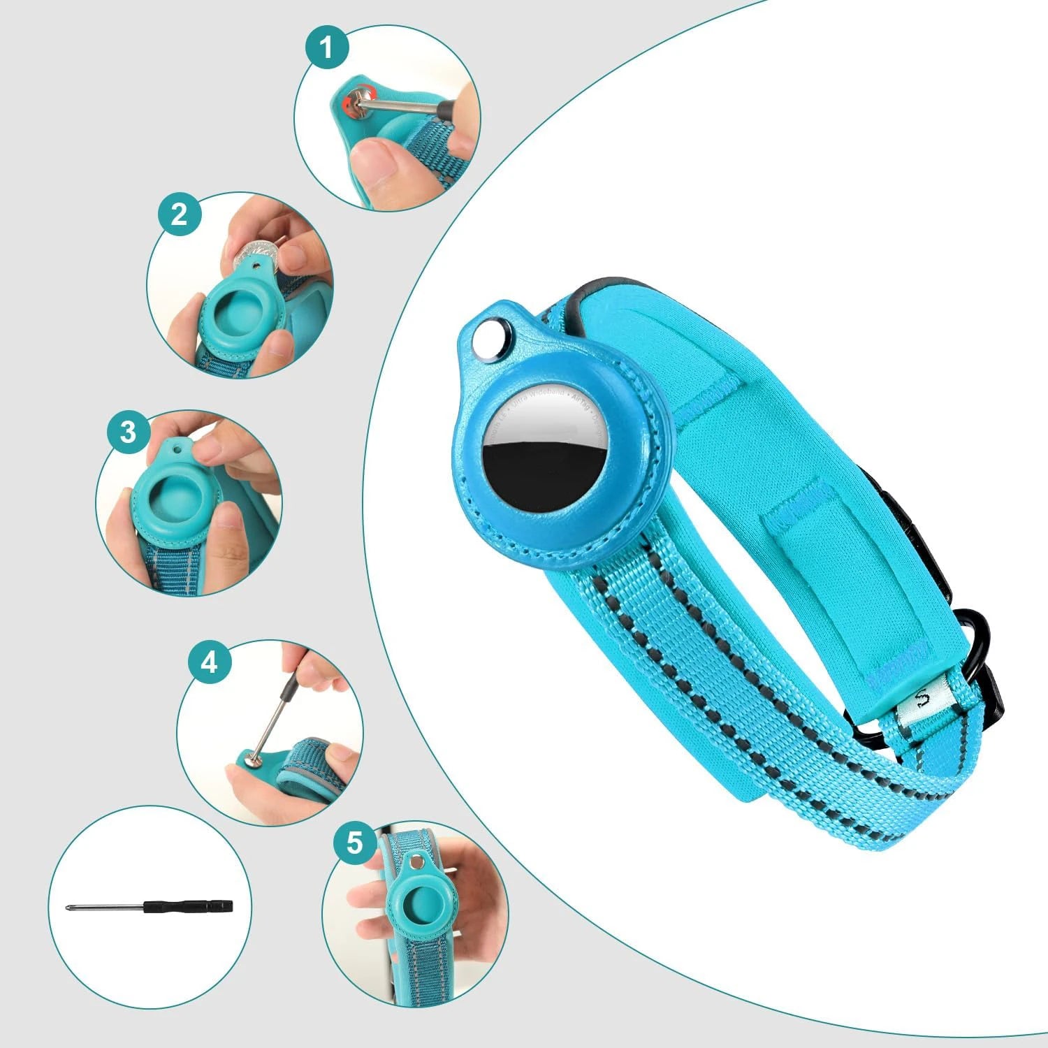 Reflective Heavy Duty Dog Collar with Adjustable AirTag Holder For Small To Medium Dogs