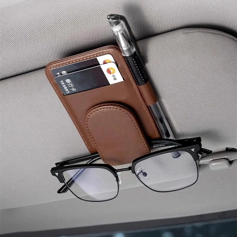 PU Leather Car Sun Visor Organiser – Sunglasses Holder, Card & Ticket Slots, Clip-On | Car Accessories | Beige, Red, Black & Brown