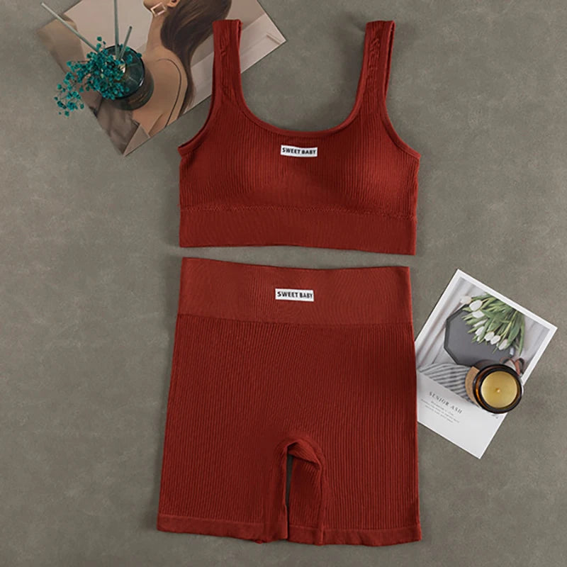 Women's Seamless Ribbed Sports Bra & Bike Shorts Set | Gym Yoga Activewear | RUNGEAR