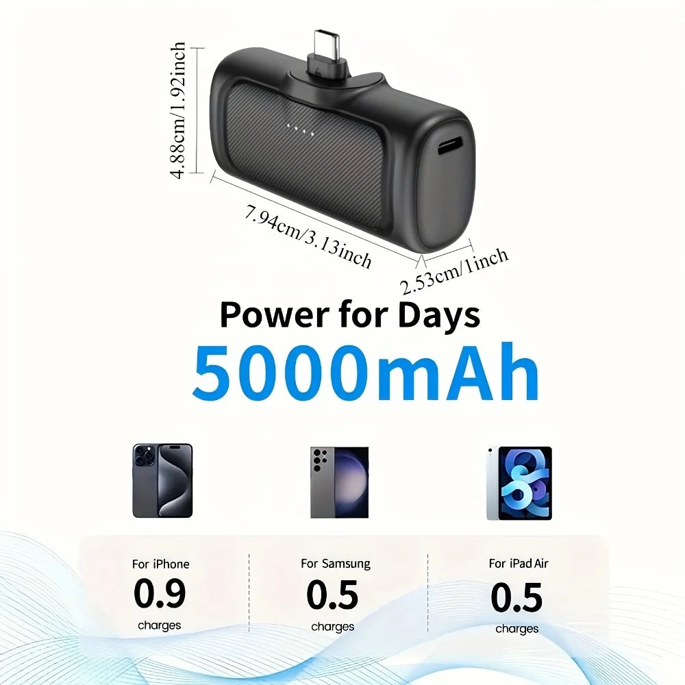 5,000mAh Mini Power Bank with Built-in USB-C Connector – 22.5W Fast Charge, No Cable Needed | Universal Compatibility | Purple