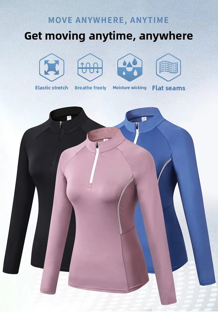 Women's Quarter-Zip Long Sleeve Athletic Top – High-Elastic, Compression Fit | Running, Yoga & Training | S–XXL