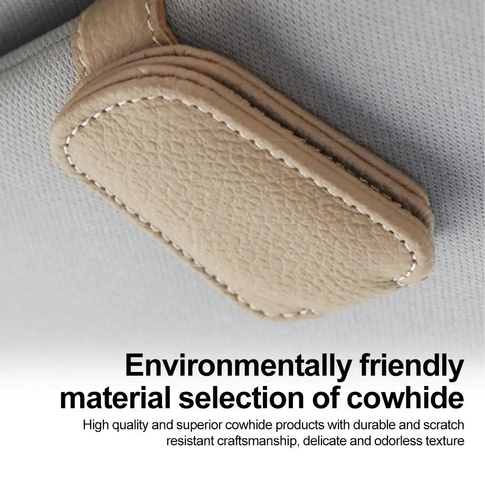 Leather Car Sun Visor Sunglasses Clip | Genuine Cowhide, Contrast Stitching, Universal Fit | Beige, Red, Gray, Black | RUNGEAR