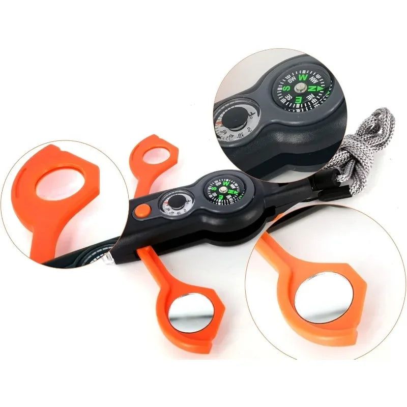 7-in-1 Emergency Survival Whistle – Compass, LED Flashlight, Thermometer & Signal Mirror | Hiking & Camping | Gray & Black