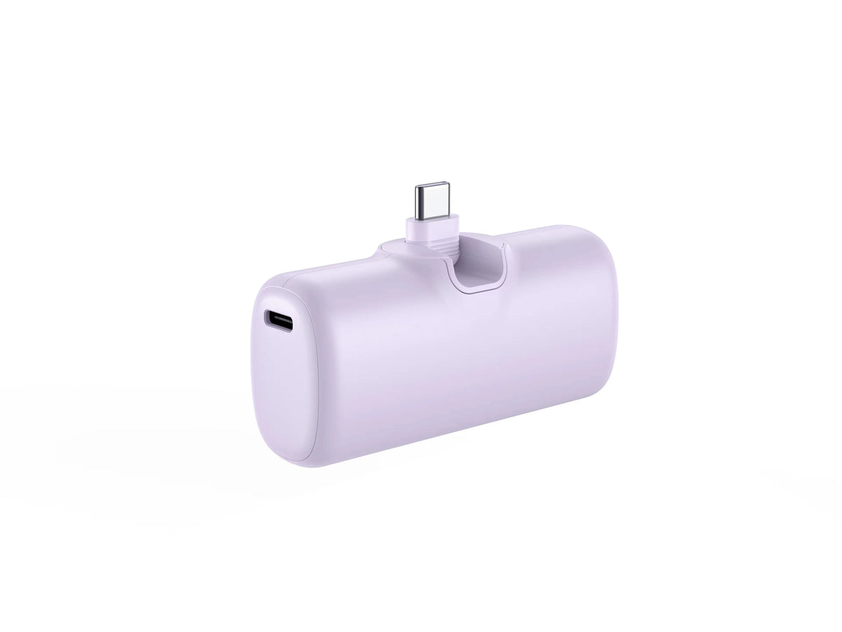 5,000mAh Mini Power Bank with Built-in USB-C Connector – 22.5W Fast Charge, No Cable Needed | Universal Compatibility | Purple