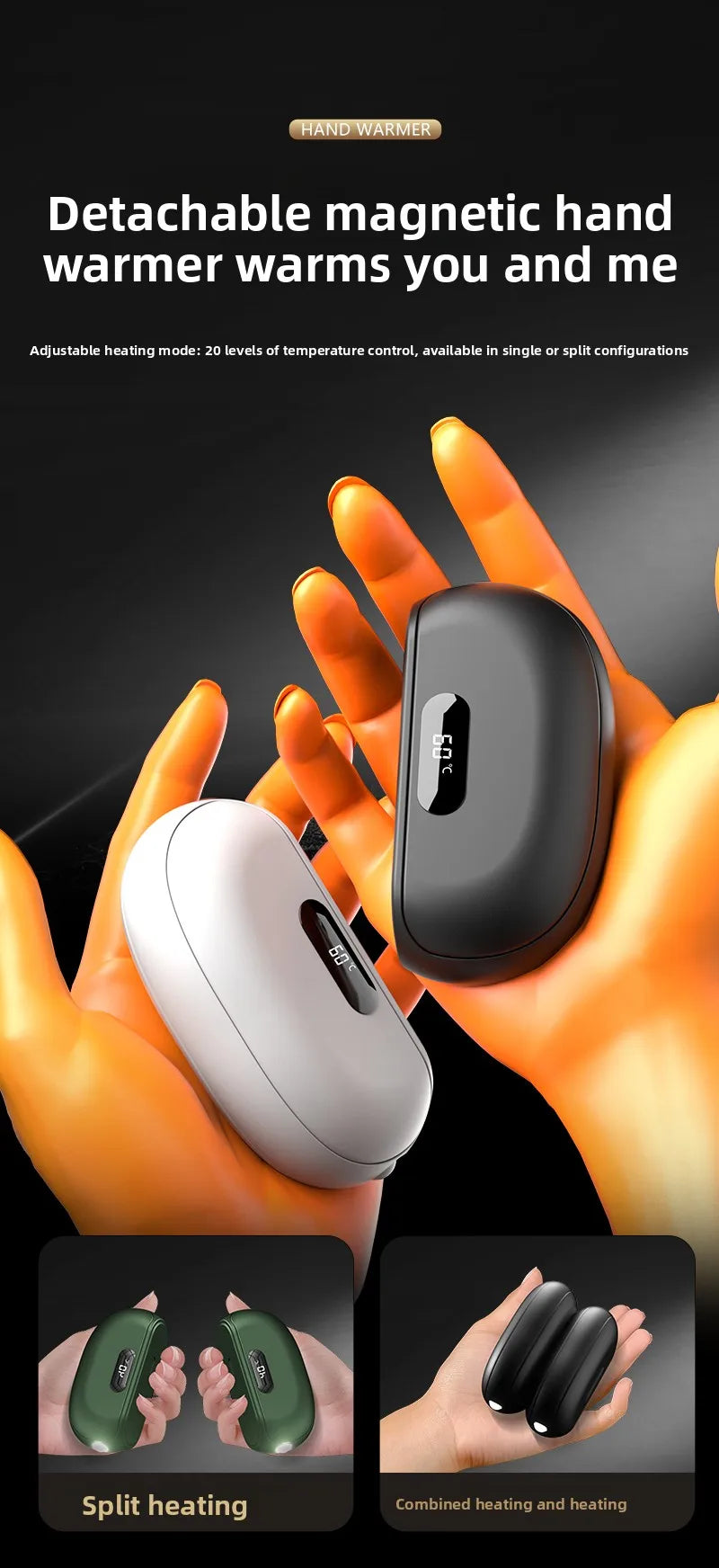 Magnetic Detachable Rechargeable Hand Warmer — 2-in-1 Mini Heat Pack | Up to 6 Hours