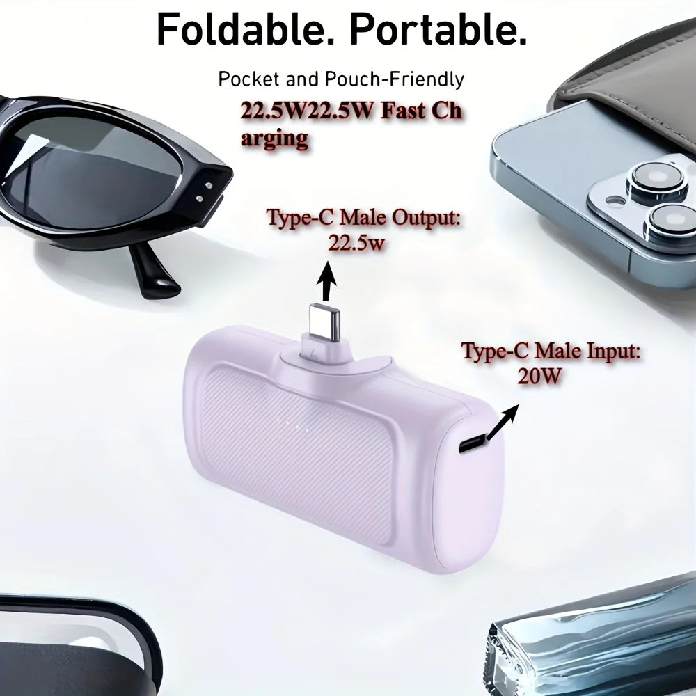 5,000mAh Mini Power Bank with Built-in USB-C Connector – 22.5W Fast Charge, No Cable Needed | Universal Compatibility | Purple