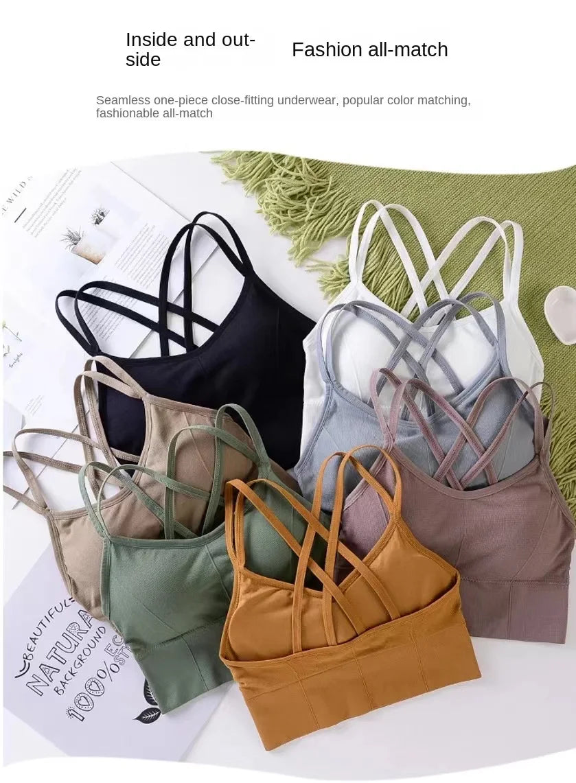 Women's Cross Back Strap Tank Top Push Up Sports Bra Breathable Solid Color Bra