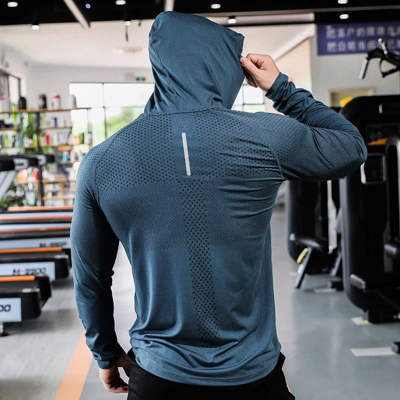 Men's Hooded Sport Fitness T-shirts Running Shirts Long Sleeve Sportwear