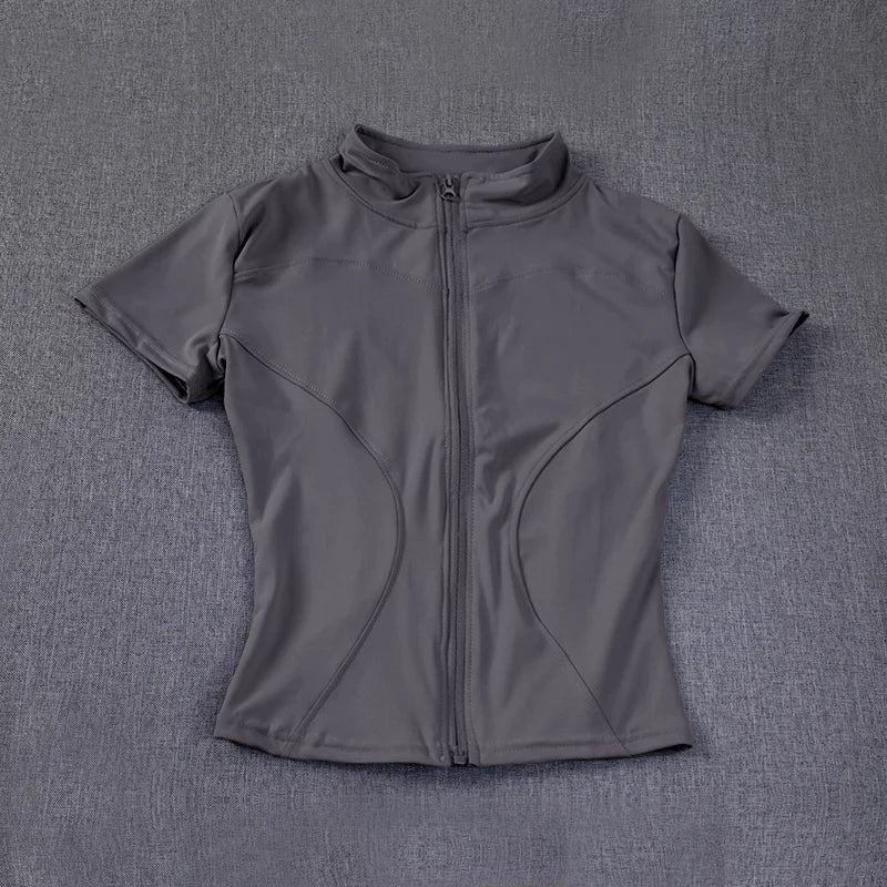 Women's Slim-Fit Waist Training Top – Quick-Dry Short-Sleeve Zip-Up Yoga & Workout Shirt