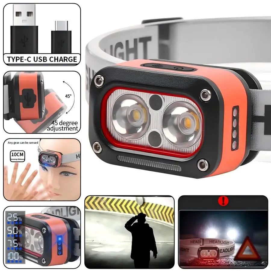 LED USB Motion Sensor Chargeable Headlamp 45° Adjustable, Ideal for Camping, Hiking, Running
