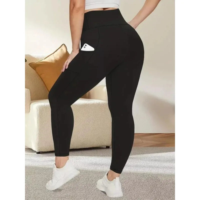 Plus Size Women's Solid Color High Waist Elastic Casual Workout Pants With Pockets