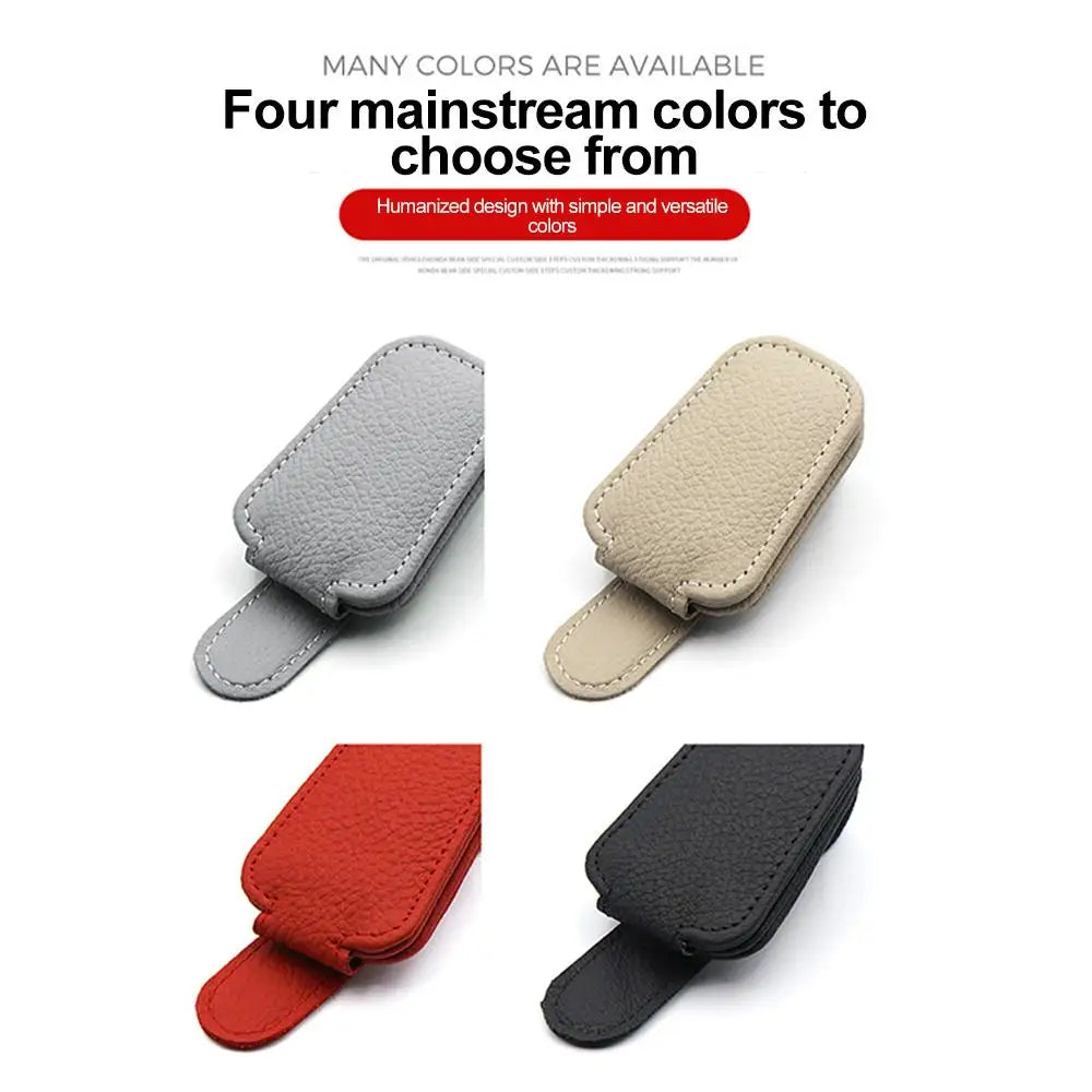Leather Car Sun Visor Sunglasses Clip | Genuine Cowhide, Contrast Stitching, Universal Fit | Beige, Red, Gray, Black | RUNGEAR