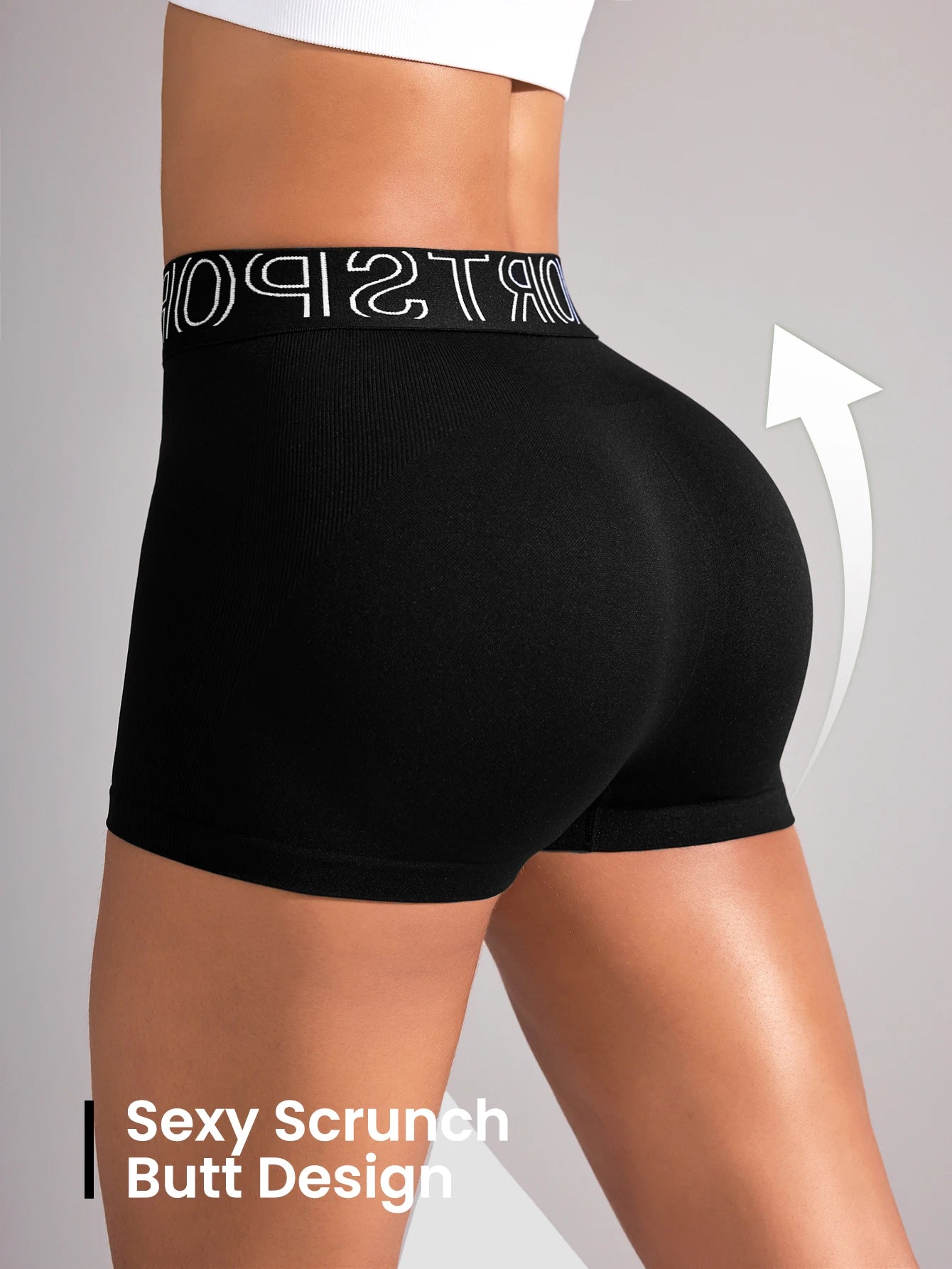 Women's High-Waist Gym Shorts | Seamless 'SPORTS' Lettered Waistband Fitness Shorts