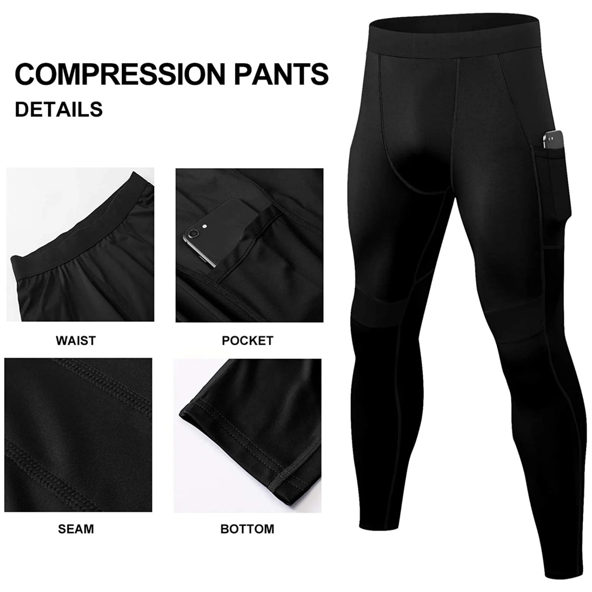 Men's Compression Tights with Phone Pocket | Quick-Dry Athletic Base Layer