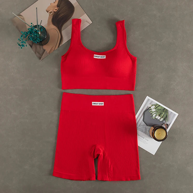 Women's Seamless Ribbed Sports Bra & Bike Shorts Set | Gym Yoga Activewear | RUNGEAR