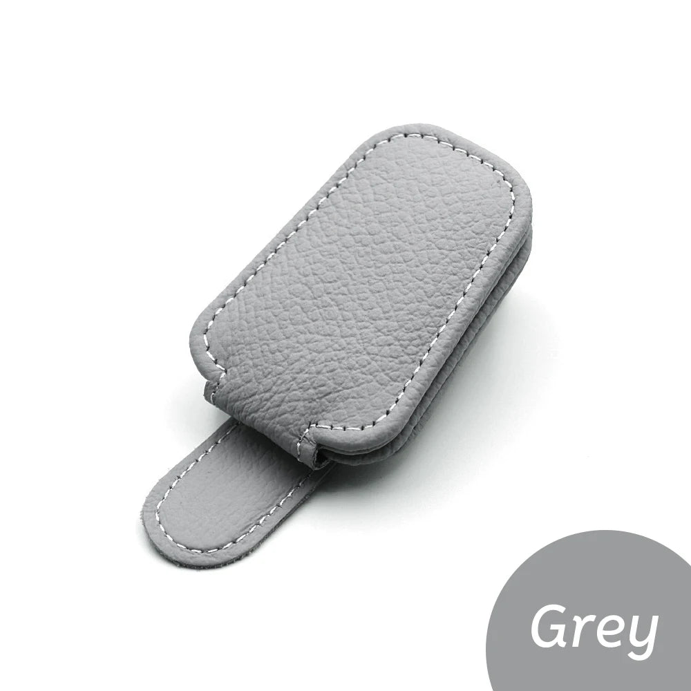 Leather Car Sun Visor Sunglasses Clip | Genuine Cowhide, Contrast Stitching, Universal Fit | Beige, Red, Gray, Black | RUNGEAR