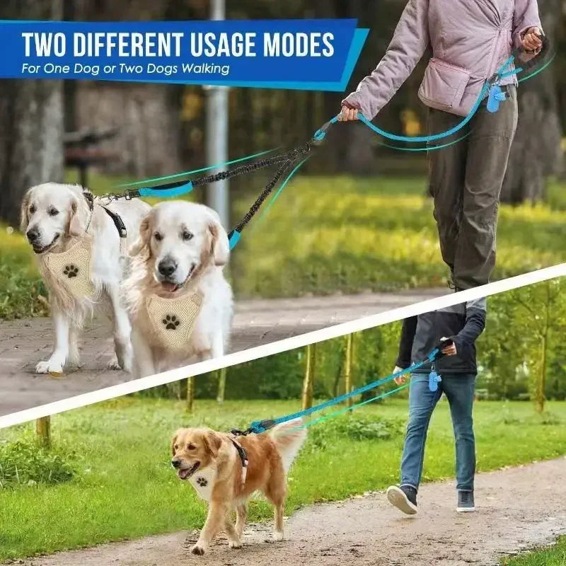 Double Dog Leash – Reflective No-Tangle 360° Swivel Dual Walking Leash with Two Traffic Handles & Shock Absorber | 7 Colours