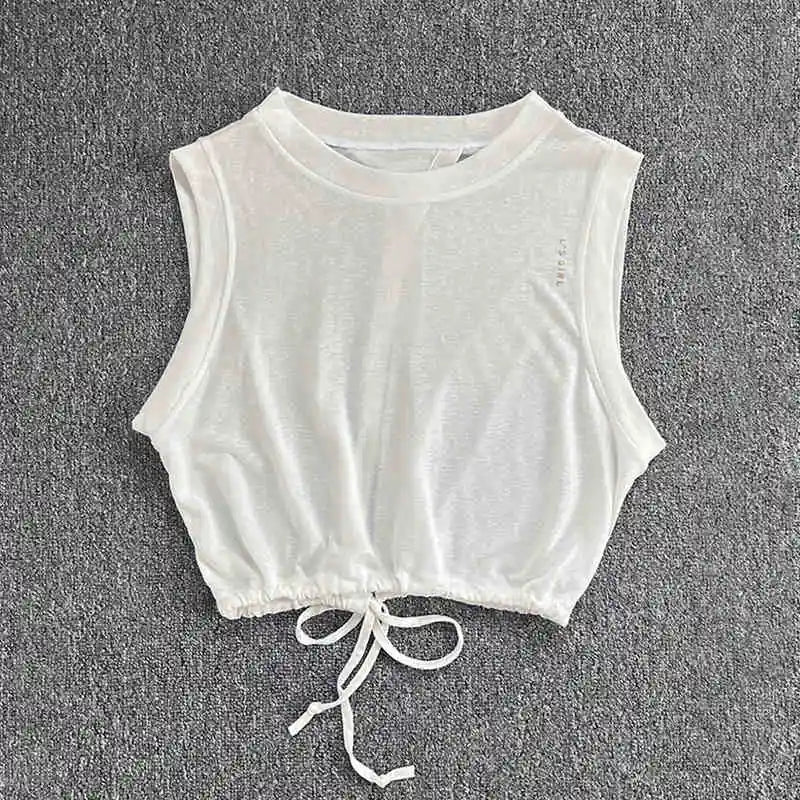 Women's Drawstring Crop Sports Top | Breathable Sleeveless Fitness Vest