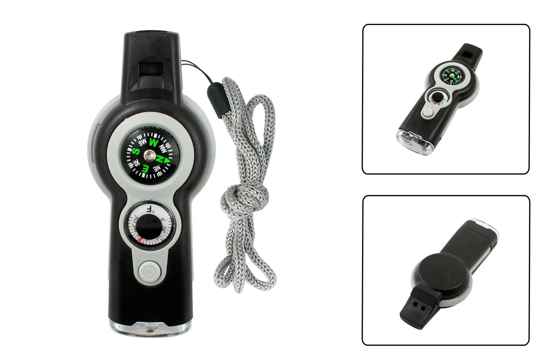 7-in-1 Emergency Survival Whistle – Compass, LED Flashlight, Thermometer & Signal Mirror | Hiking & Camping | Gray & Black