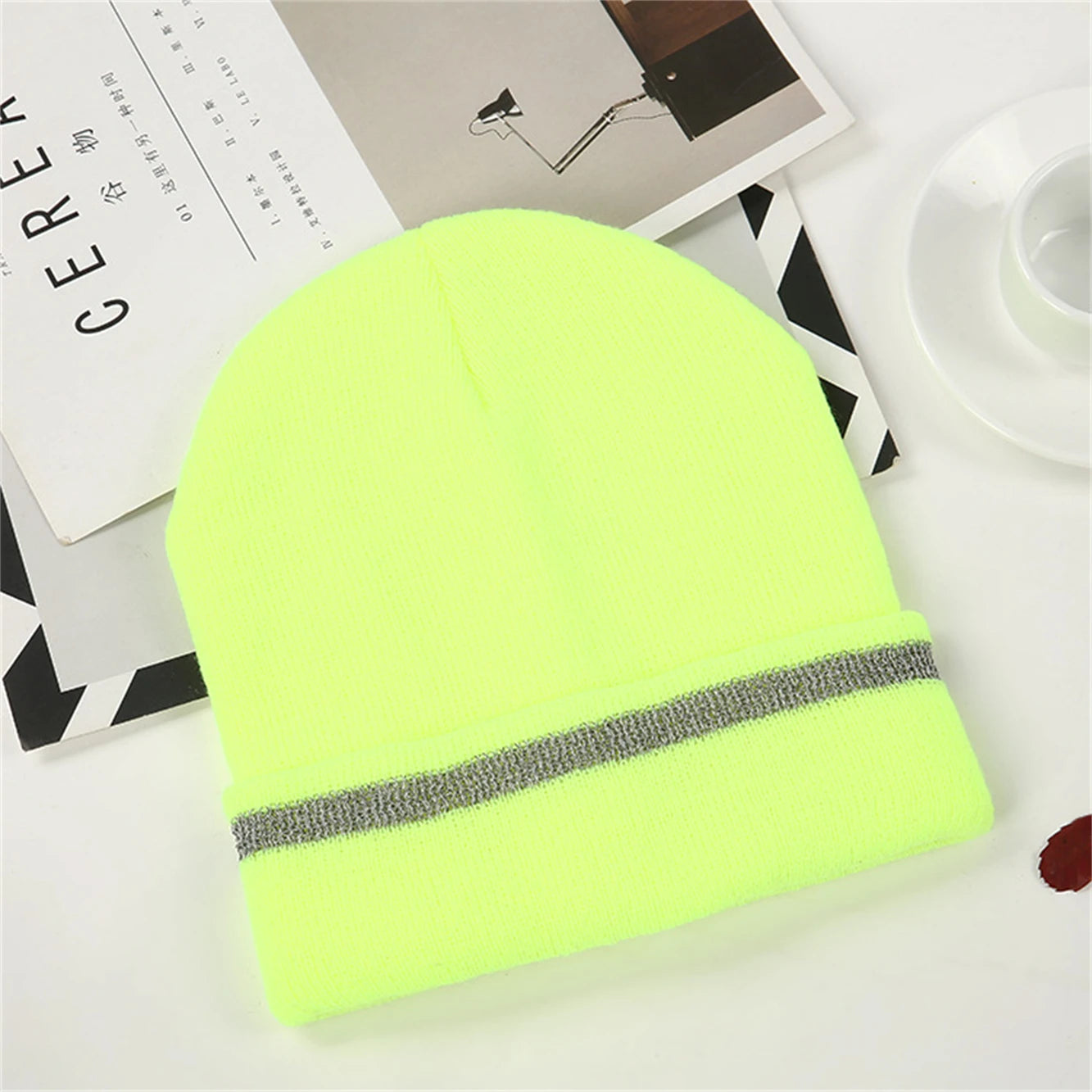Reflective Hat Gear: Bright Color Beanie Winter Safety Night Running Warm, Knitted Hat Cuff Hat, Neon Colours / Rungear