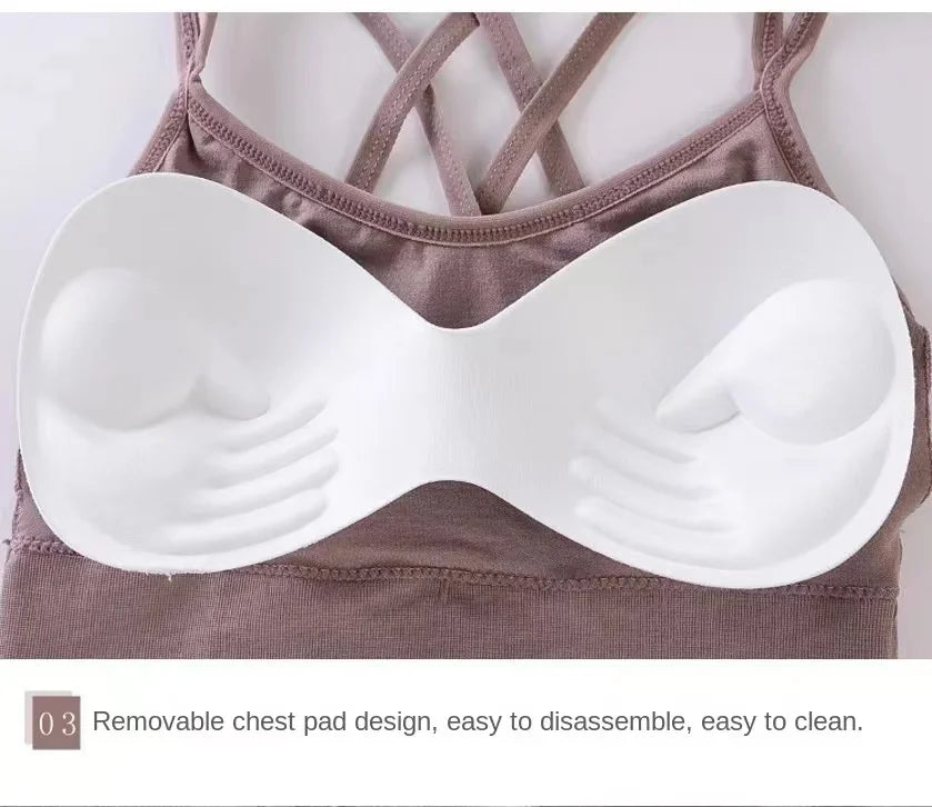 Women's Cross Back Strap Tank Top Push Up Sports Bra Breathable Solid Color Bra