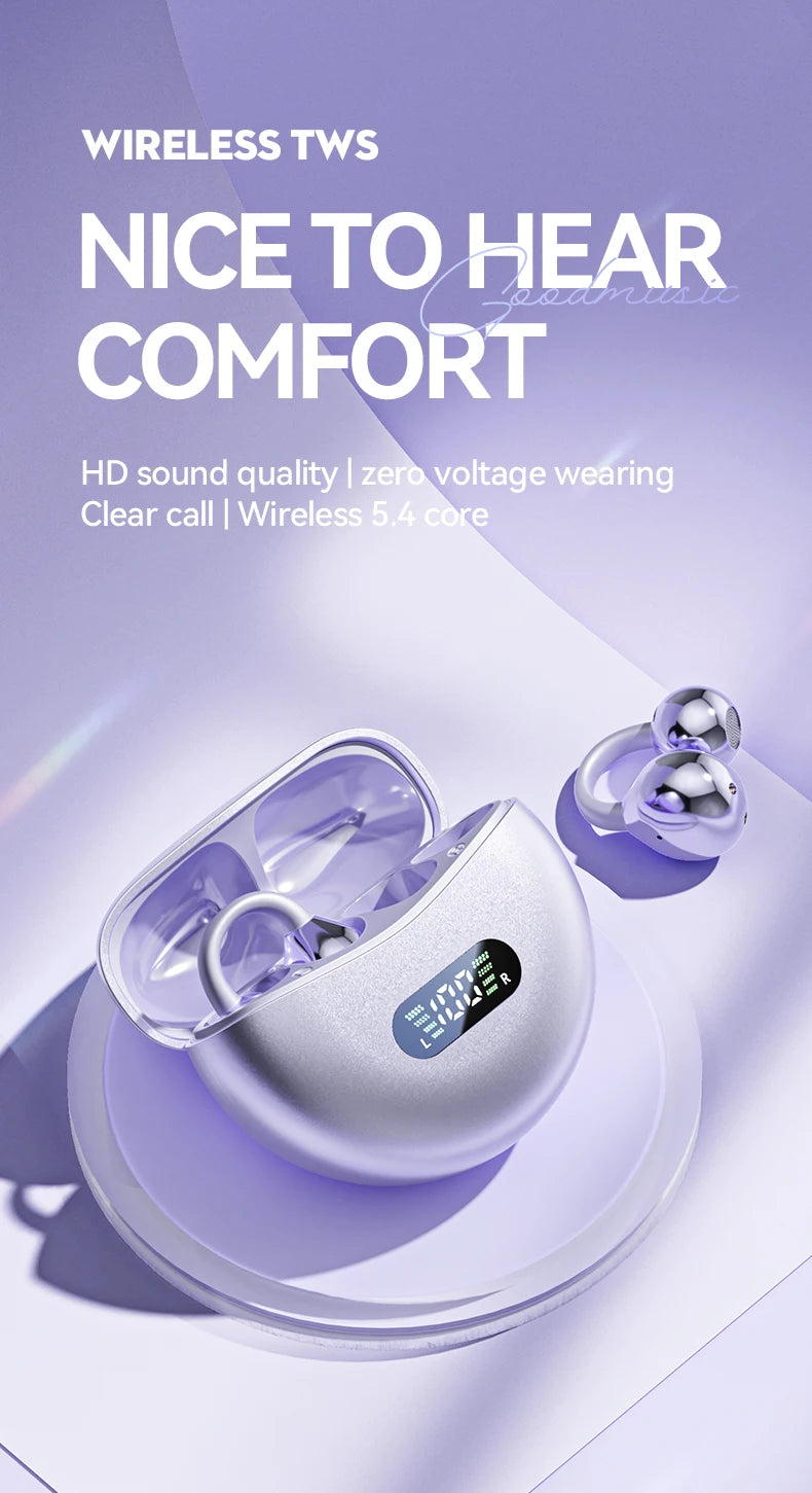 Running Earbuds Gear: Wireless, Waterproof, Bone Conduction HIFI Bluetooth 5.4 Clip-on-Ear Earbuds With Mic Digital Display 2025 / Rungear