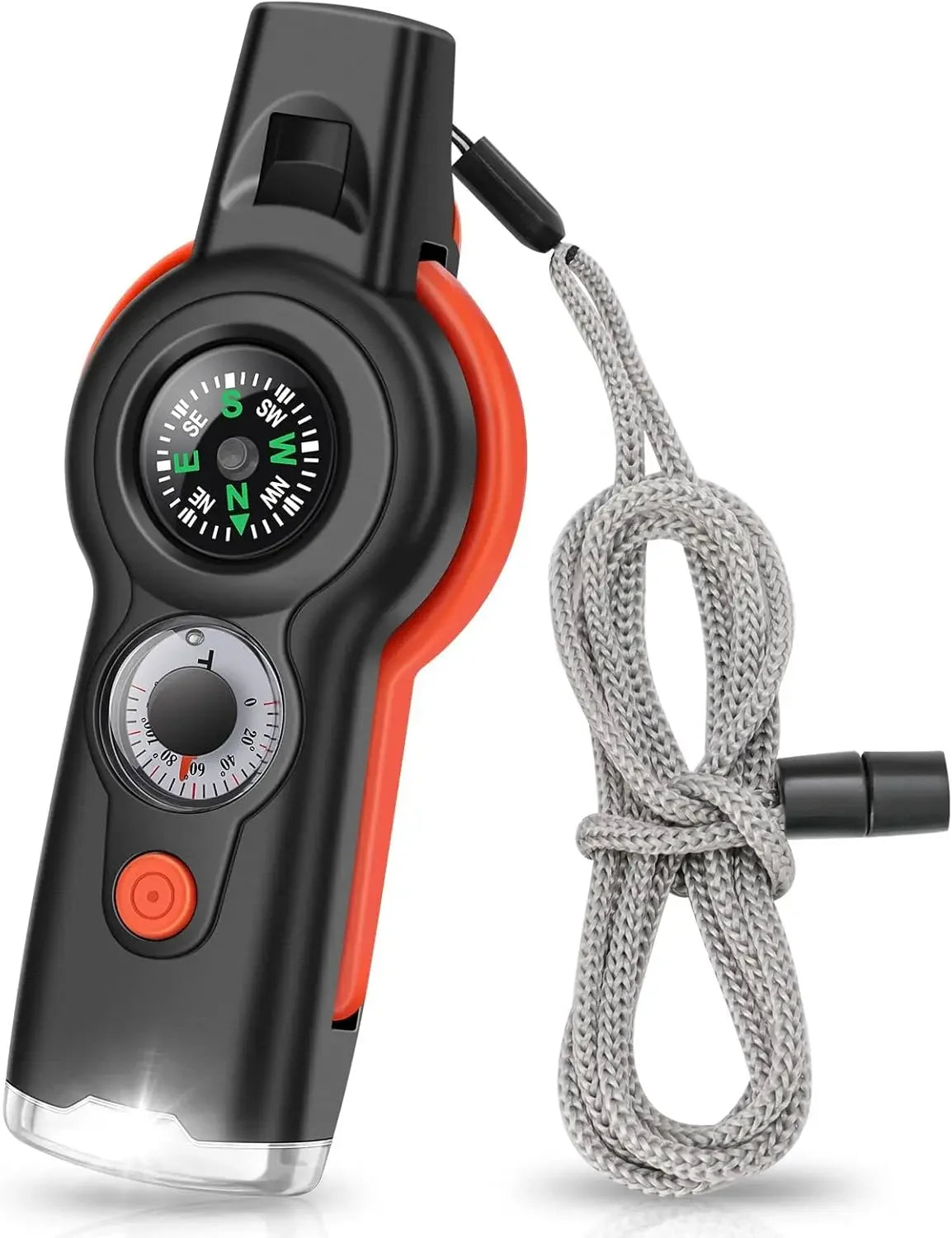 7-in-1 Emergency Survival Whistle – Compass, LED Flashlight, Thermometer & Signal Mirror | Hiking & Camping | Gray & Black