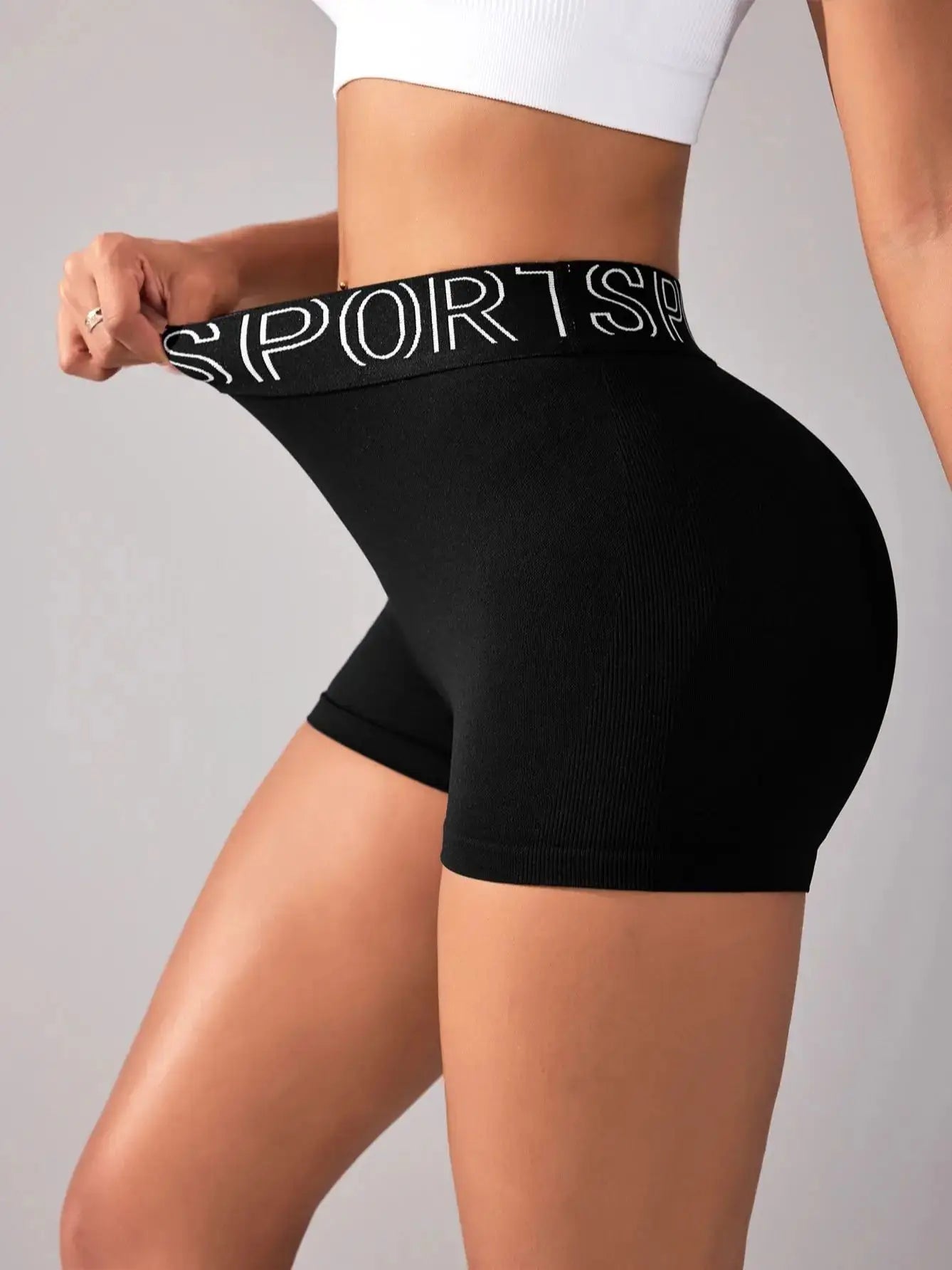 Women's High-Waist Gym Shorts | Seamless 'SPORTS' Lettered Waistband Fitness Shorts