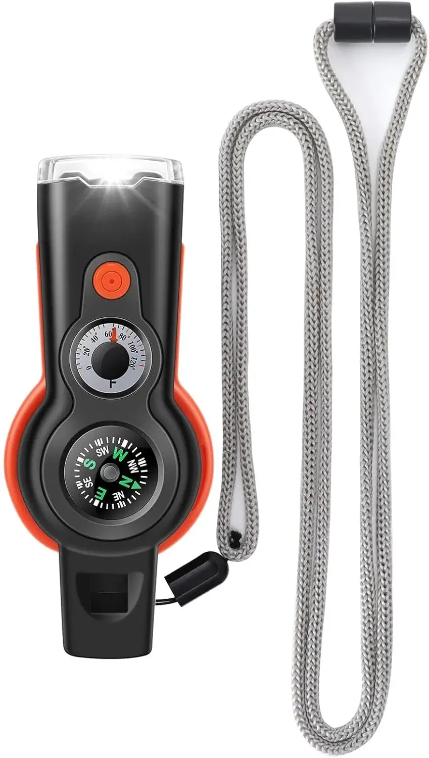 7-in-1 Emergency Survival Whistle – Compass, LED Flashlight, Thermometer & Signal Mirror | Hiking & Camping | Gray & Black