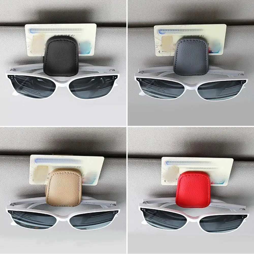 Leather Car Sun Visor Sunglasses Clip | Genuine Cowhide, Contrast Stitching, Universal Fit | Beige, Red, Gray, Black | RUNGEAR