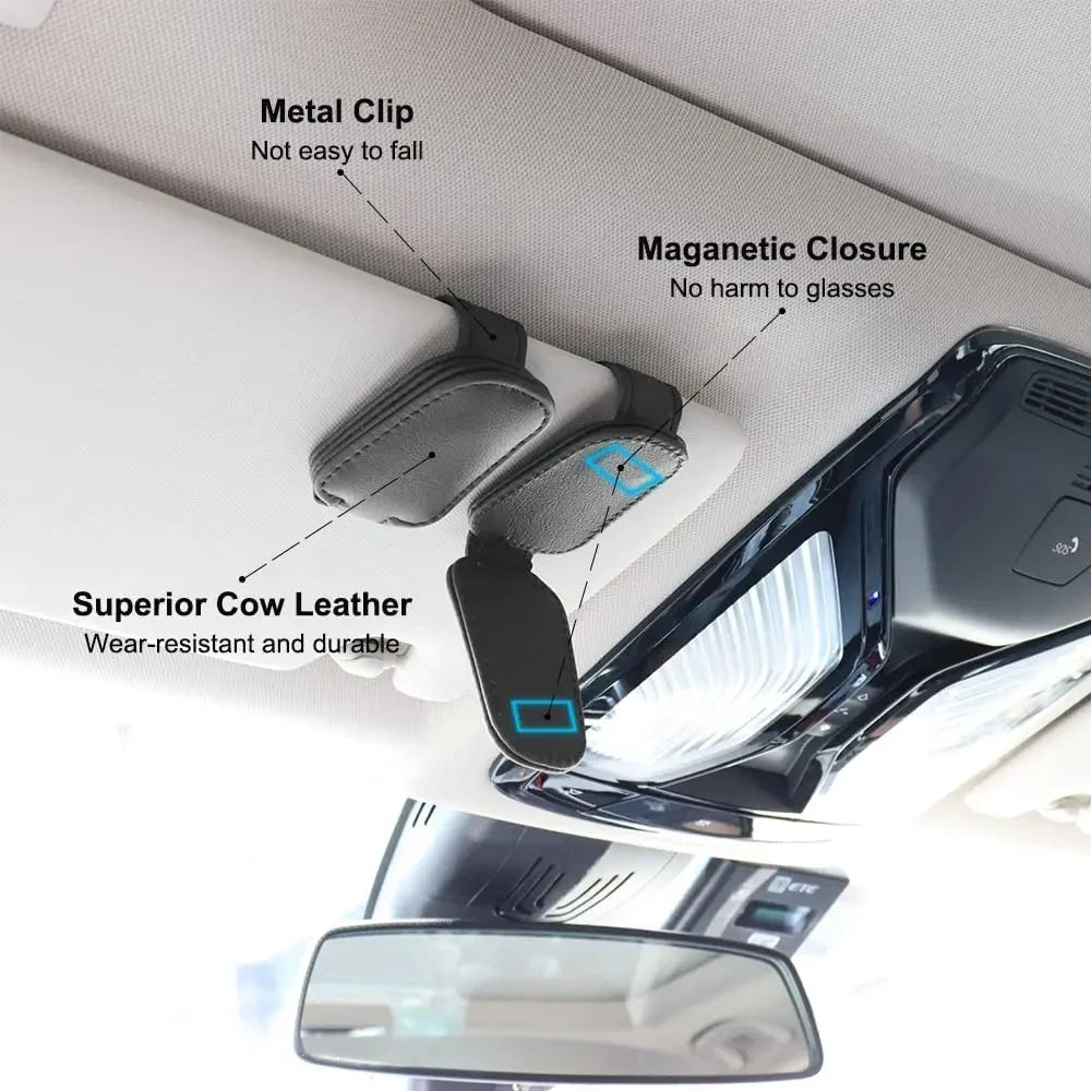 Magnetic Leather Sunglasses Clip for Car Sun Visor – Universal Fit, Compact, Secure Hold | Car Accessories | Black