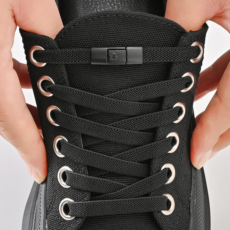 8mm Wide No-Tie Elastic Shoelaces with Press-Lock Buckle | Flat Laces for Sneakers